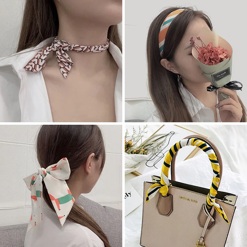 2025 New Style Fashion Ribbon Narrow Silk Scarf Women Small Long Decorative Hair Band Printed Silk Skinny Scarf Neckerchief