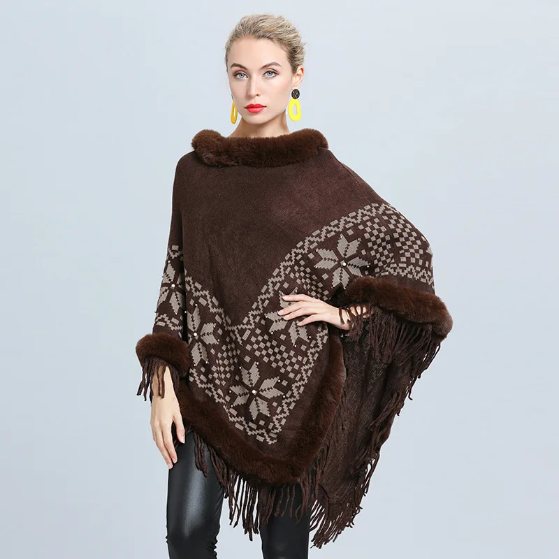 6 Color Fur Neck Warm Beading Floral Coat Overize Triangle Knitted Poncho Women Cape Big Pendulum Jacquard Weave Tassel Pullover