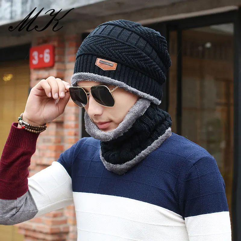 Maikun hat Korean version of the new men\'s hat and velvet cycling cap warm and windproof winter hat and scarf two piece