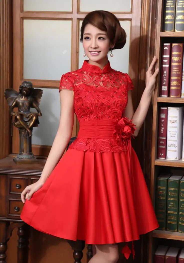 free shipping cheongsam party prom gown flower 2015 new fashion vintage red lace short high neck bridesmaid dresses