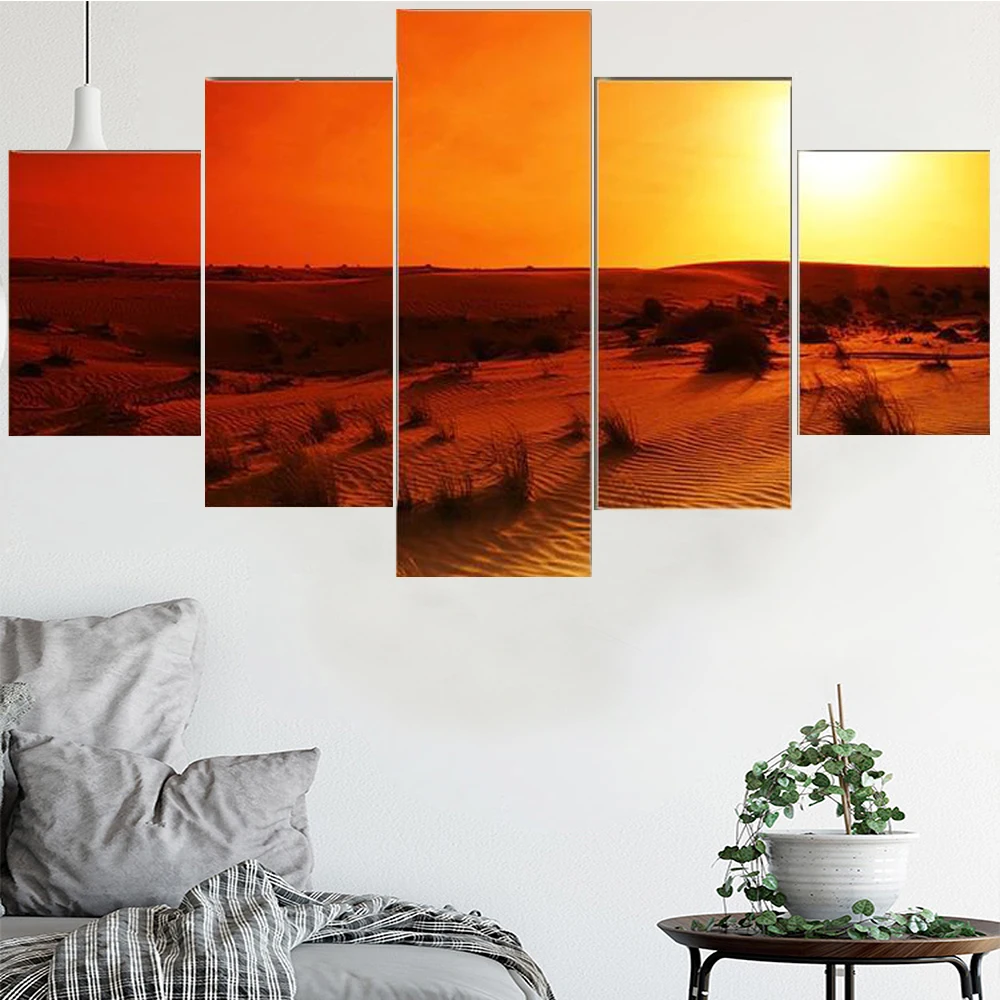 

5 Pieces Wall Art Canvas Painting Desert Landscape Poster Orange Sunset Modern Home Living Room Bedroom Decoration Framework