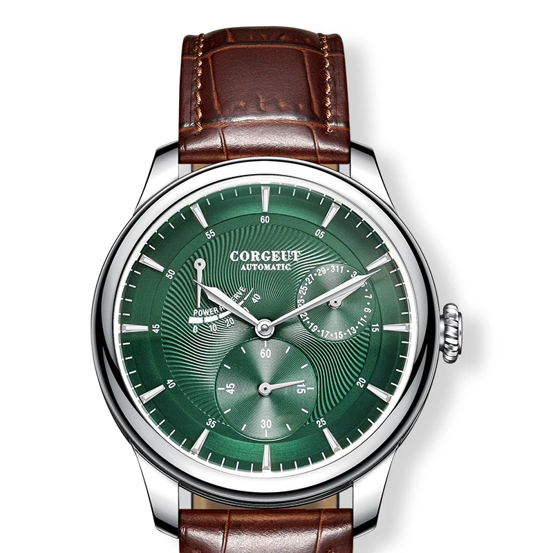 Imagem -04 - Corgeut Relógio Masculino Marca Superior Reserva de Energia Relógio de Couro Automático Relógios de Pulso Mecânicos Aço Inoxidável 40 mm