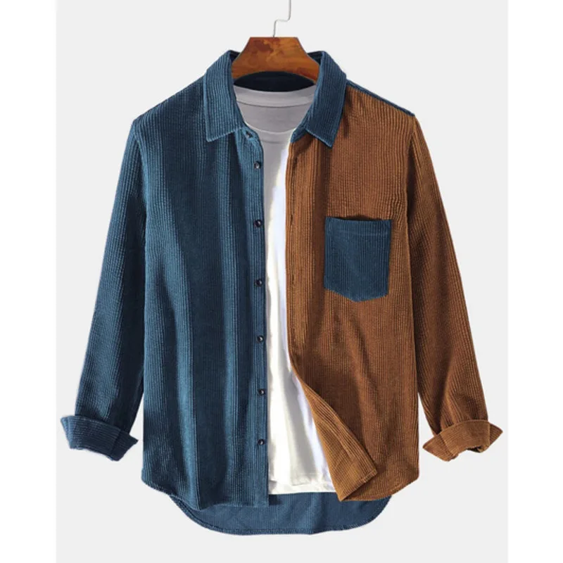 

2021 Autumn Corduroy Shirt For Mens Patchwork Corduroy Jacket Contrast Color Lapel Long Sleeve Shirts With Pocket Casual Shirt