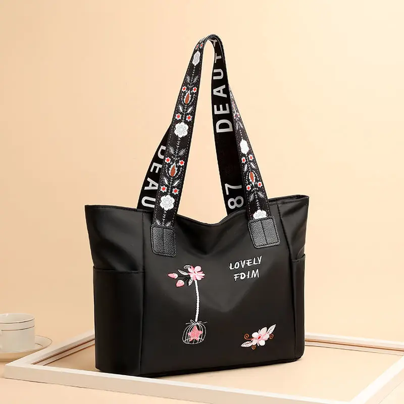 2024 New Arrivals Embroidery Women Handbag Nylon Waterproof Casual Tote Shopping Bag Large Capacity Female Shoulder Bags