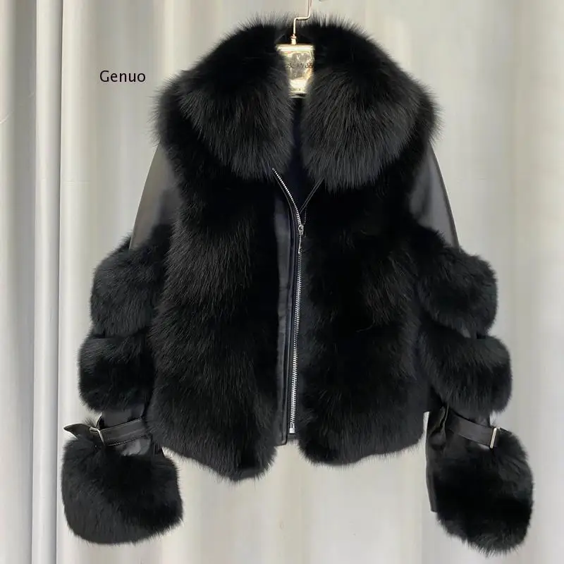 Women Faux Fox Fur Coat Imitation Sheepskin Leather Jacket Fluffy Fake Fox Fur Coats with Plush Fur Collar Winter Thick Overcoat