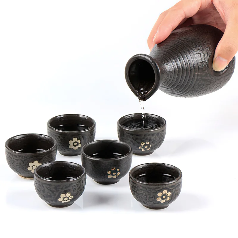 Ceramics Wine Pot Waterware Black Flower 300ML Cup Porcelain Sake Japanese Bar Decoration Household Kitchen Supplies Drinkware