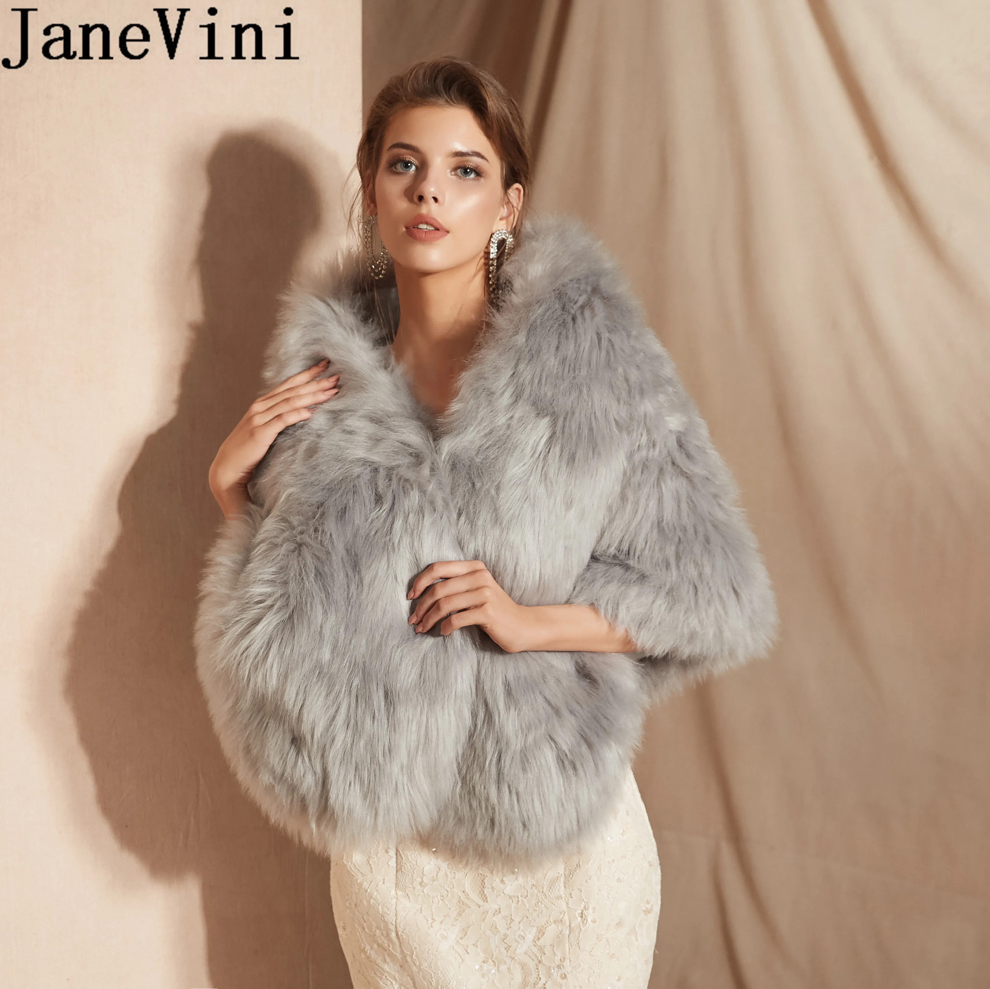 JaneVini Da Cerimonia Nuziale di Inverno Cappotto di Pelliccia Grigio Faux Fur Wrap Da Sposa Dello Scialle Del Capo Donna Promenade di Sera Stola