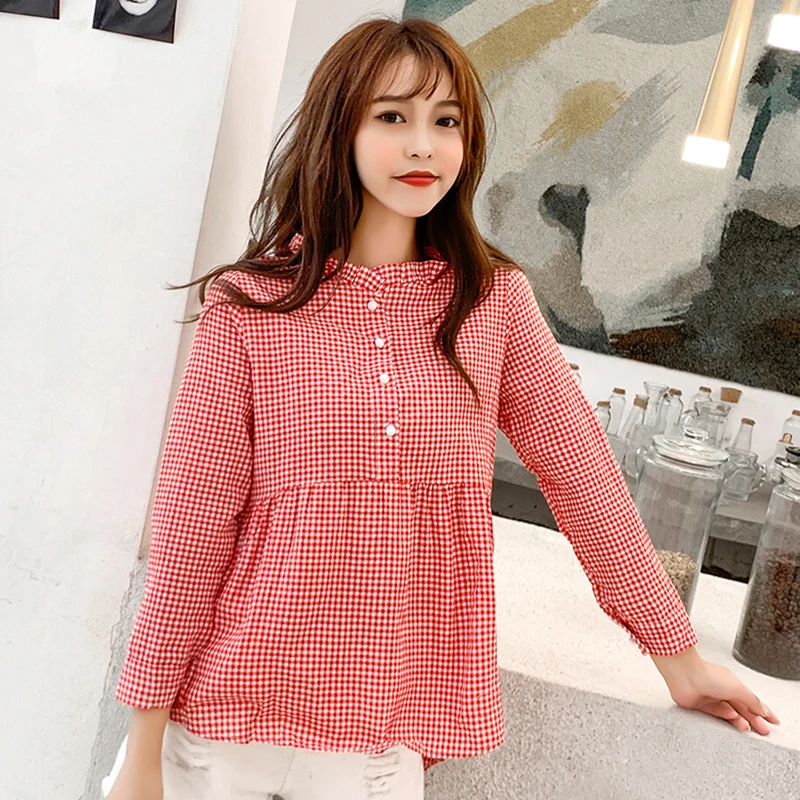 Women High Neck Ruffles Plaid Pleated Shirts Button Up Long Sleeve Peplum Blouse Ladies Summer Casual Tops Blusas Red Blue Black