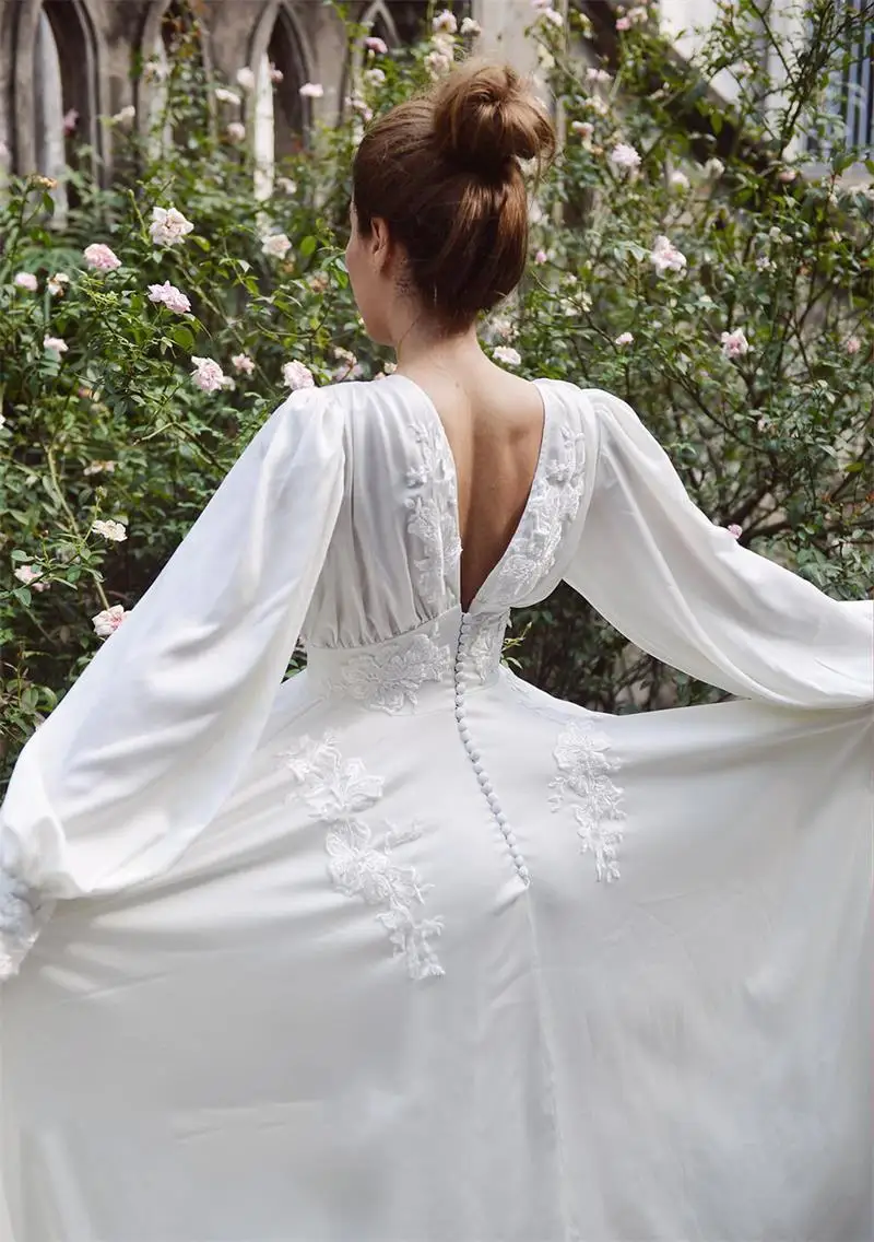 Magic Awn Bohemian Chiffon Wedding Dresses Long Sleeves Lace Appliques Beach A-Line Wedding Party Dress Abito Da Sposa