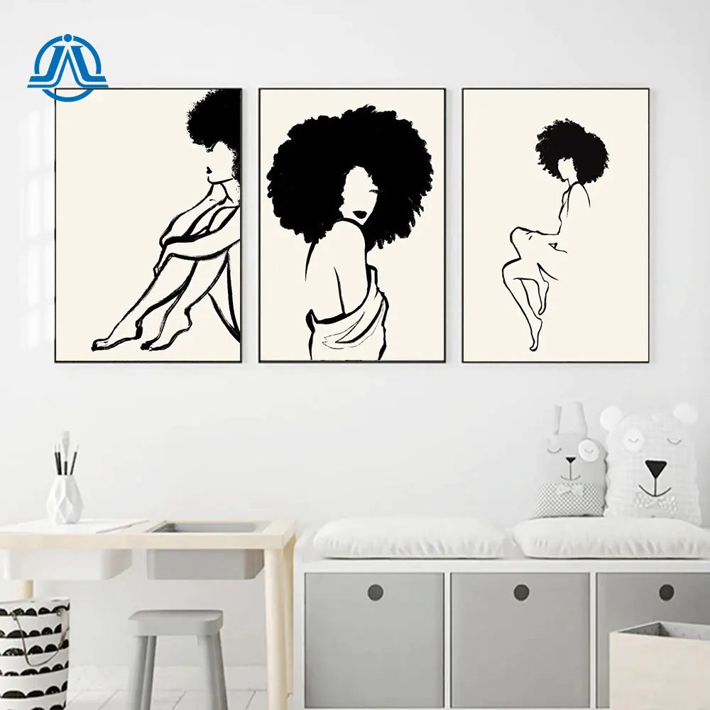 Nude Line Art Print Wall Art Black Woman Female Figure Minimalist Drawing Woman With Afro Feminist Natural Hair Canvas Painting