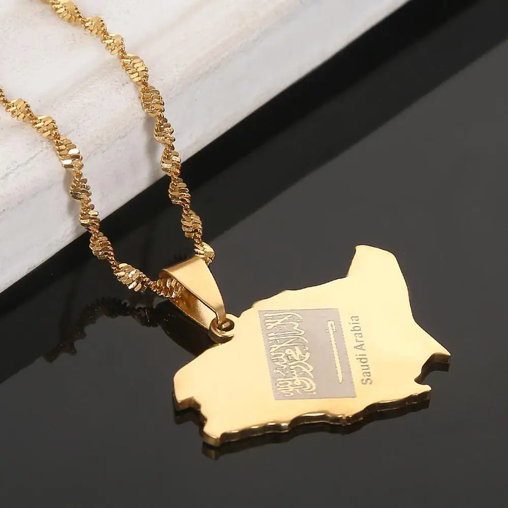 Stainless Steel Saudi Arabia Map Flag Pendant Necklace Kingdom of Saudi Arabia Map Chain  Jewelry