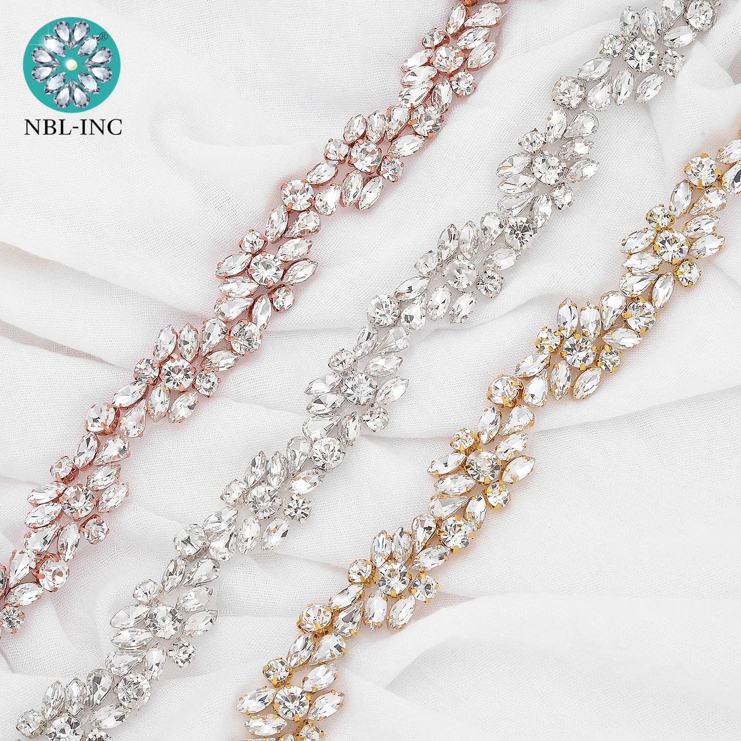 （10 yards）Silver gold rose gold crystal rhinestone applique trim hand beaded iron on for wedding dress WDD1065