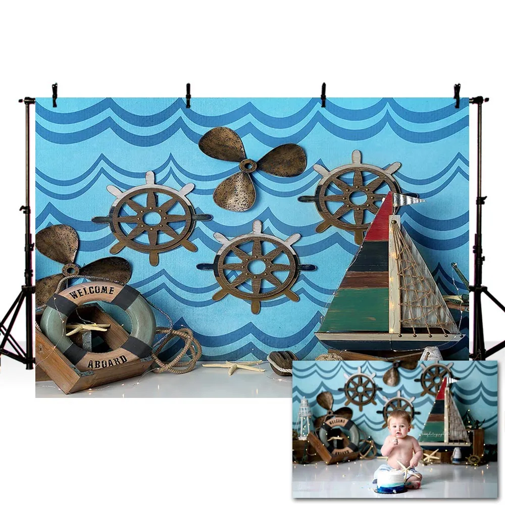 Mehofond Sailing Backdrop Blue Sea Wave Sailboat Rudder Lifebuoy Newborn Baby Portrait Photography Background for Photo Studio