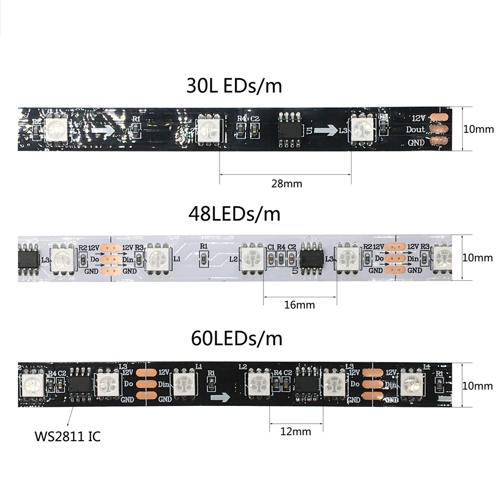 DC12V WS2811 5050 RGB Led Strip Light SMD Addressable 30 48 60LEDs External 1 IC Control 3 Leds Bright Normal Led Lights