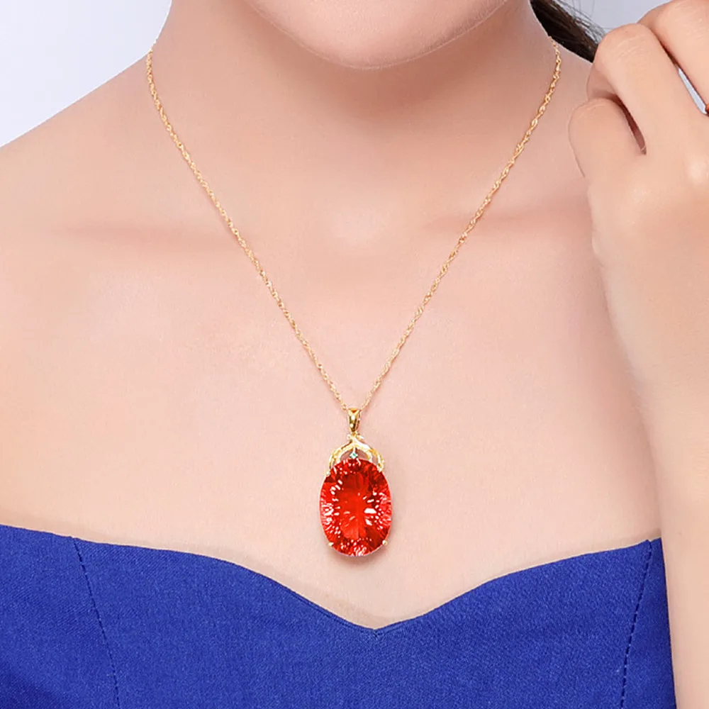 Grande 6 quilates cristal vermelho rubi pedras preciosas diamantes pingentes colares para mulheres 24k ouro cheio de jóias corrente bijoux presentes femme