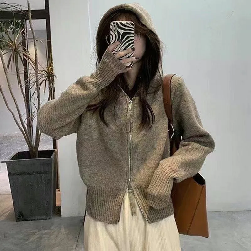 2021 Autumn Winter Women\'s Sweaters Zipper Coat Jacket Short Cardigans Zipper Hooded Knitted Korean Lady Top Outerwear Clothes