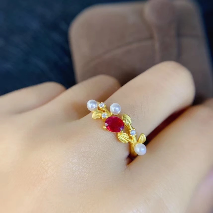 KJJEAXCMY fine jewelry 925 sterling silver inlaid natural ruby Girl Girl popular Chinese style plant pearl gem ring support test