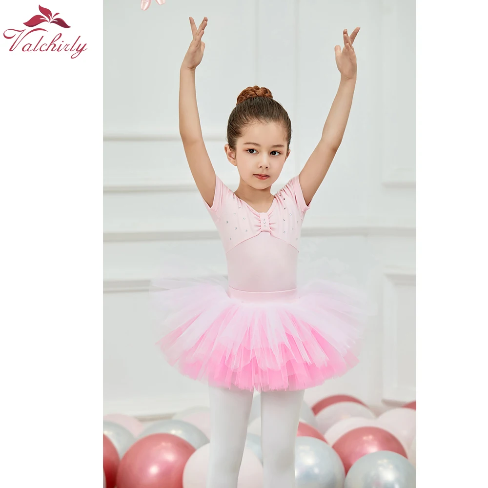 Girls Short Sleeves Ballet Letard Dance Dress Kids Ballerina Tutu Bodysuit Dance Clothing for Children