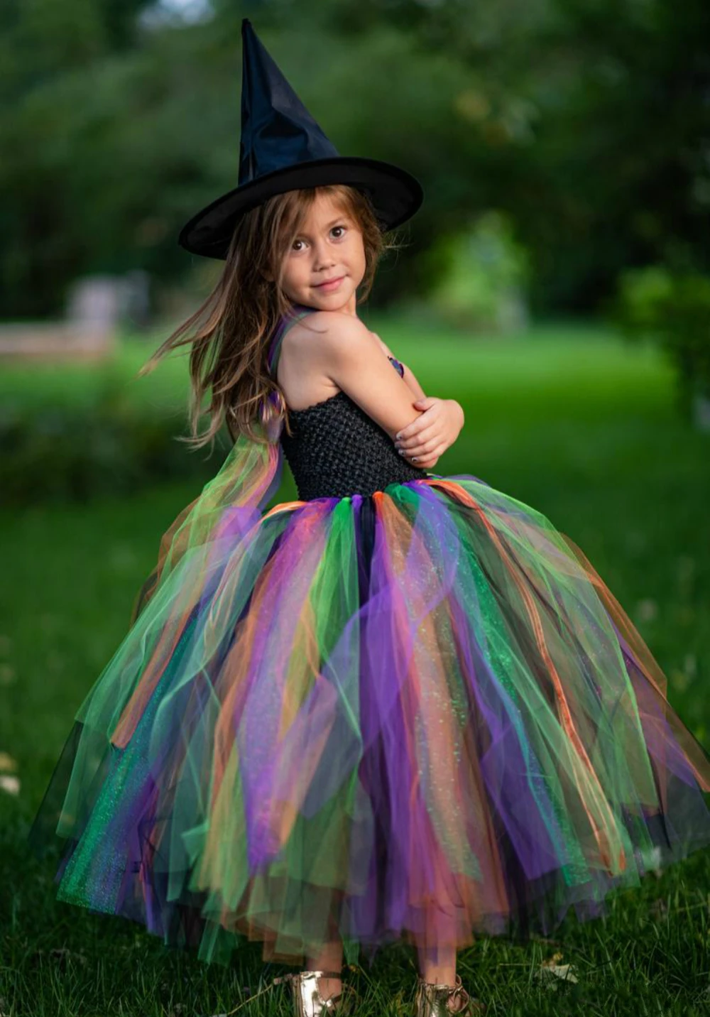 Multicolor Girls Witch Tutu Dress Kids Crochet Tulle Dress Ball Gown with Black Hat Children Halloween Party Costume Dresses