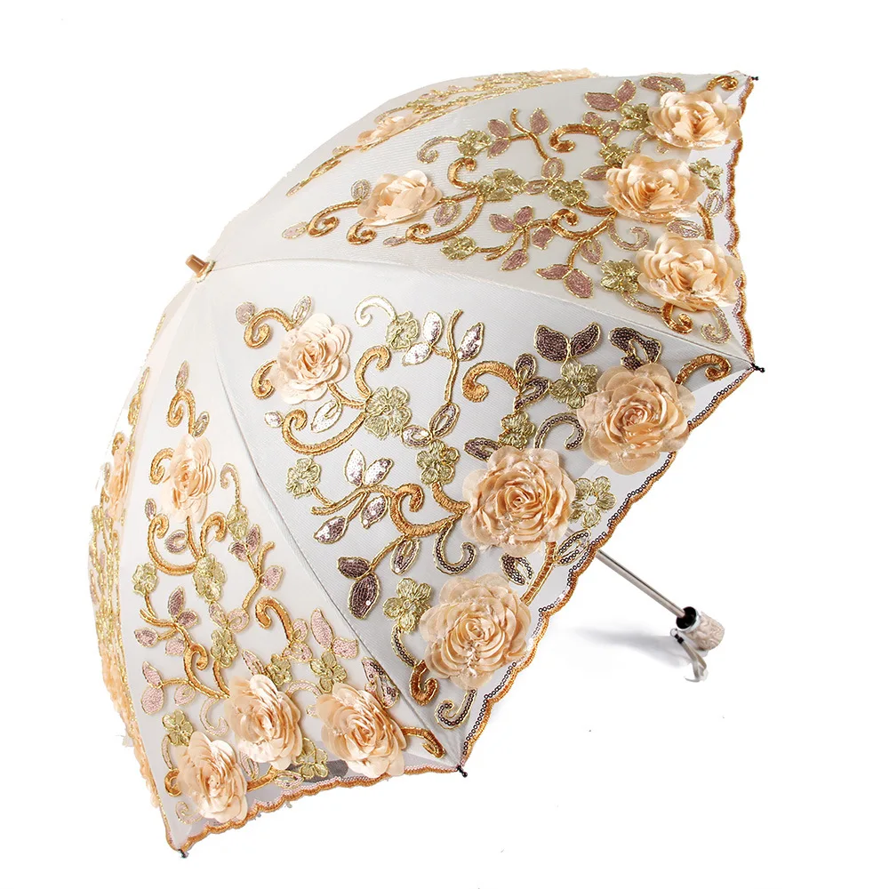 Lace Embroidered Two Folding Umbrella for Double-layer Embroidered Anti-UV Sunscreen Parasol Women Windproof Rain Umbrellas