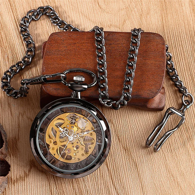 Steampunk arloji saku mekanis uniseks, jam tangan wajah terbuka transparan dengan liontin rantai jam tangan