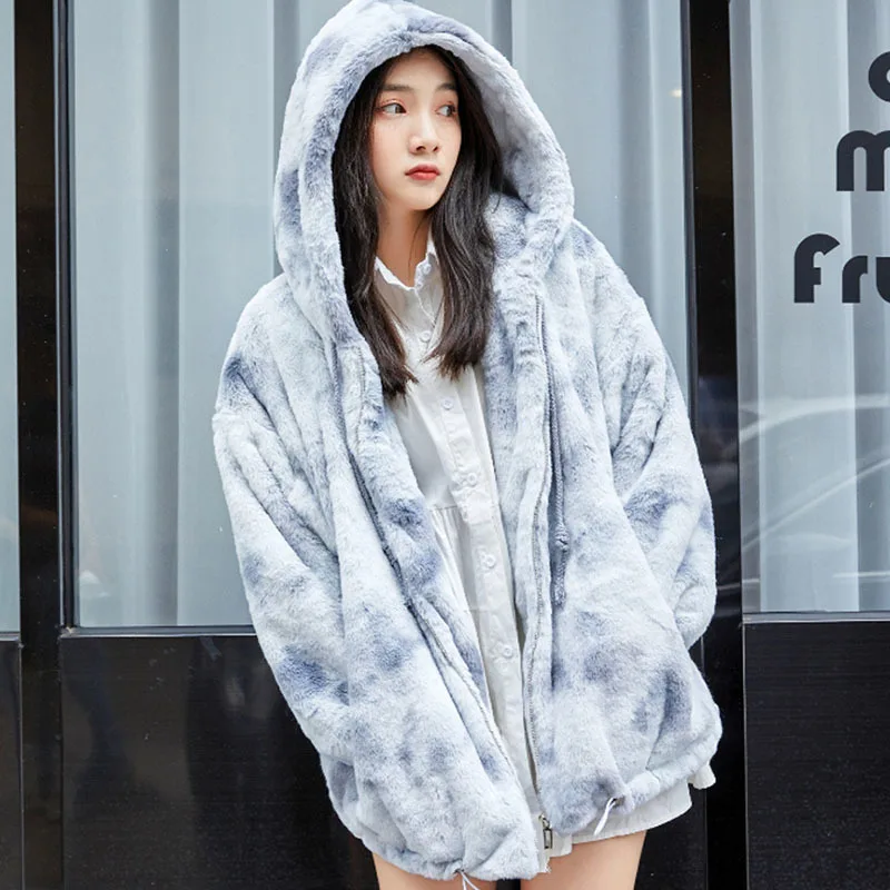 

Autumn Women Vintage Tie-dye Hooded Faux Rabbit Fur Coat Winter Casual Long Sleeve Casaco Feminino Korean Fashion Short Outwear