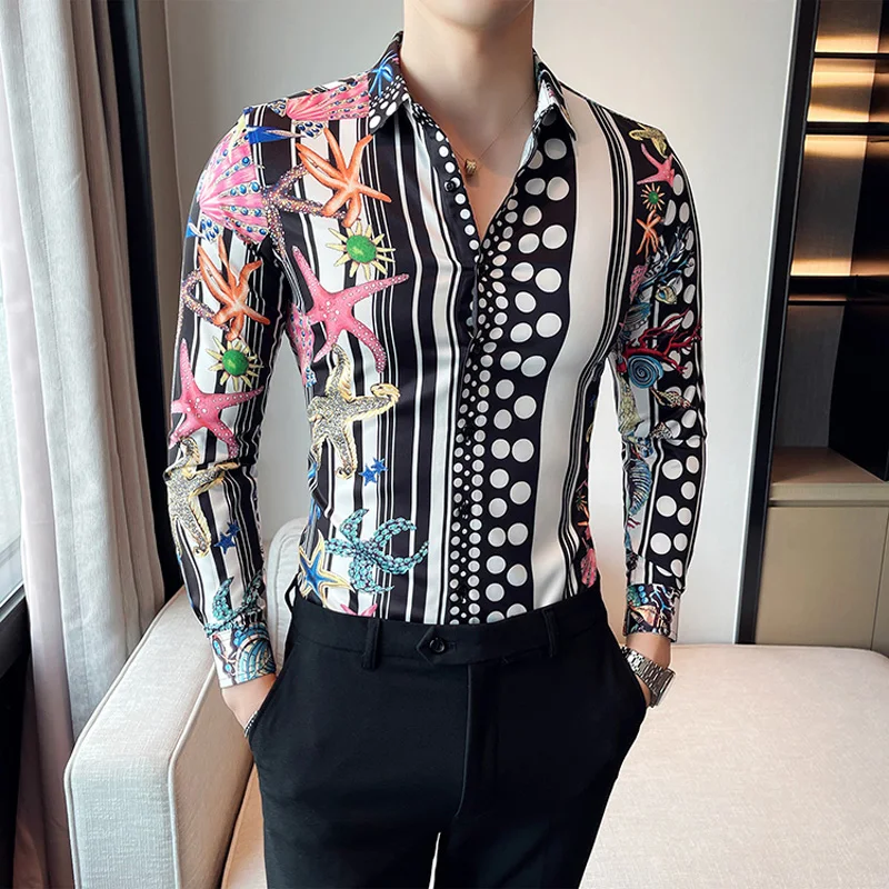 M-4XL Asian Size Camisas De Hombre Streetwear Long Sleeved Printed Shirts Men Night Club Slim Fit Banquet Mens Vintage Clothes