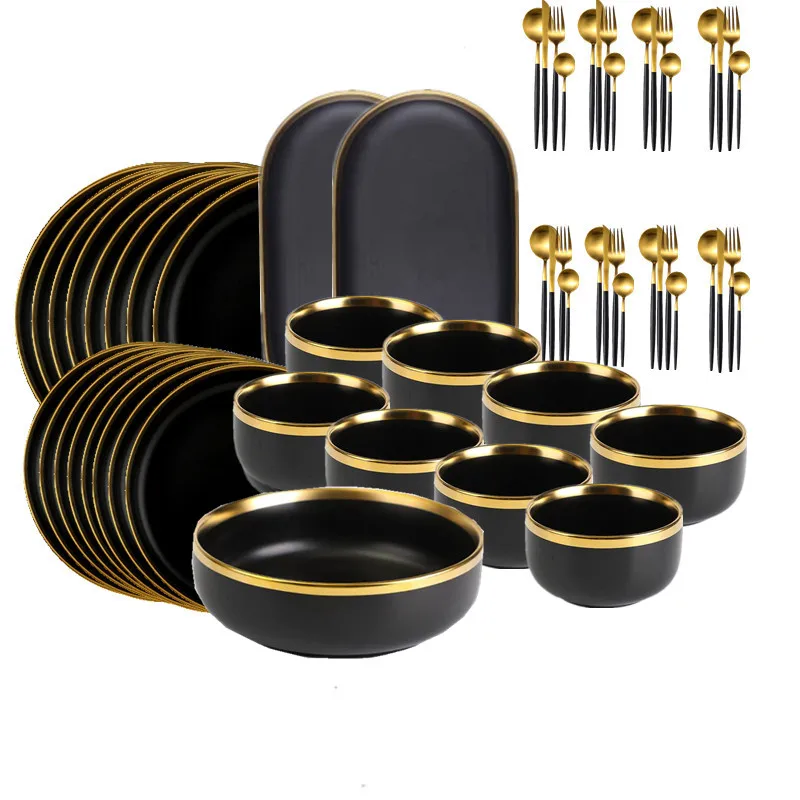 Tableware Set Black Ceramic Plates and Bowls Set Dinnerware Set with Dish Bowl Dessert Plate Steak Plate