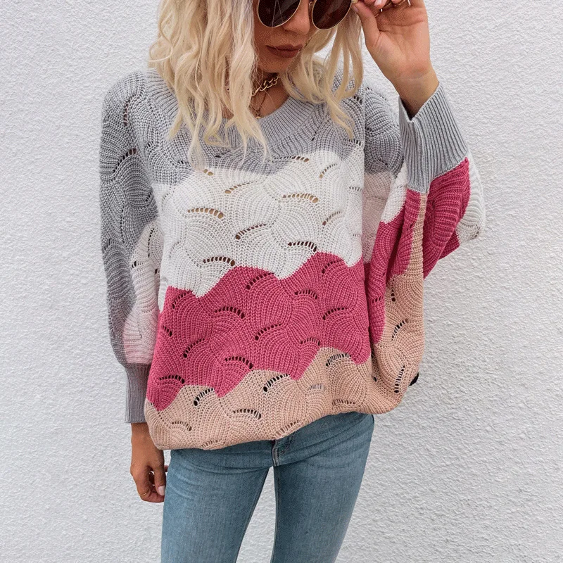 Autumn and Winter New Contrast Color Hollow Knitwear Batwing Sleeve Sweater for Women