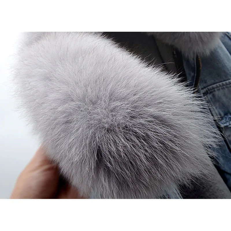 Fox Fur Collar Removable Rabbit Fur Liner Denim Jacket Coat Women Outerwear Winter Loose Thick Warm Jeans Jackets Parka Female