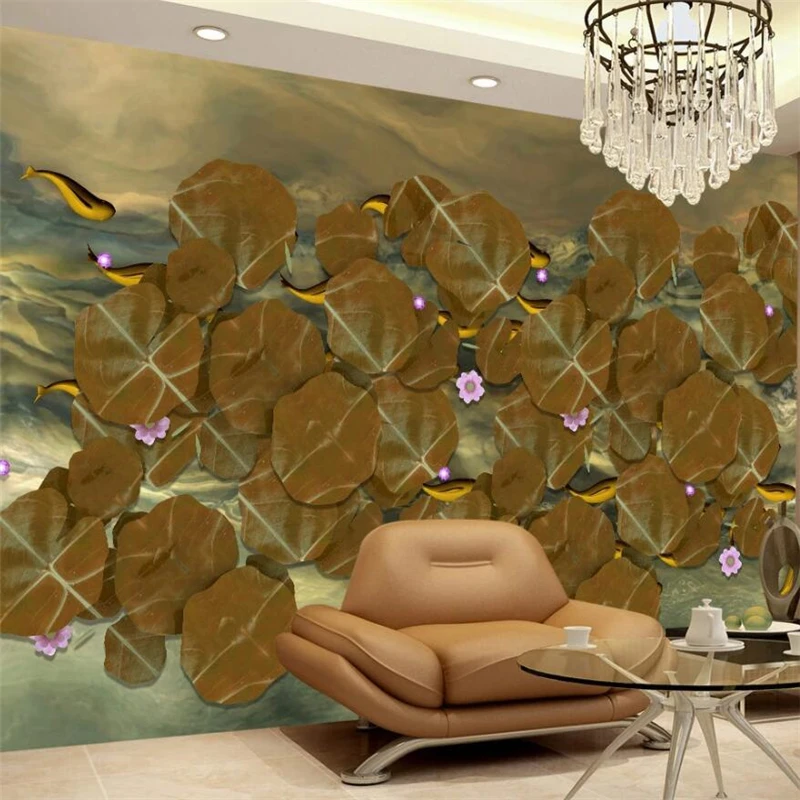 

wellyu Customized large mural new Chinese style modern lotus fish abstract living room TV background wall wallpaper