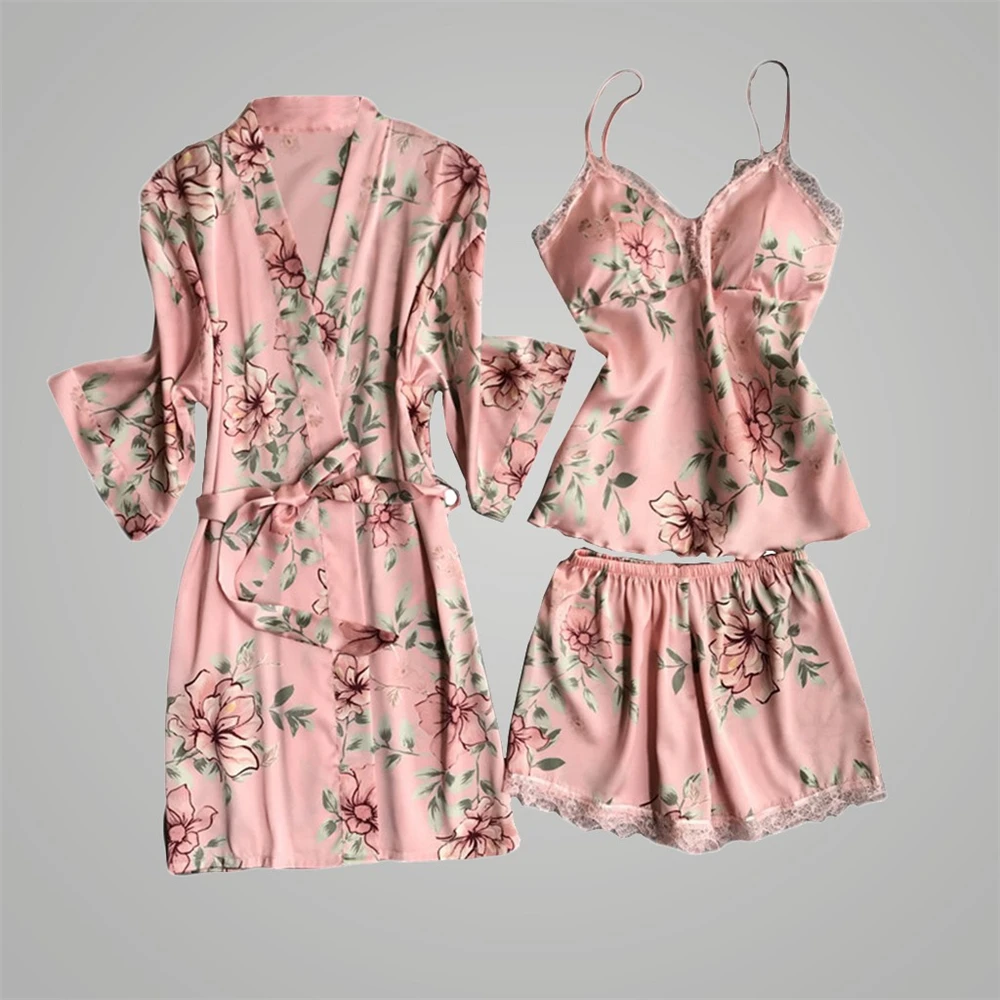 Sexy Women Pajama Set Print Lace Pijamas Kimono Bathrobe+Sleep Tops+Shorts Stain Casual Nightwear Sleepwear Mujer Plus Size