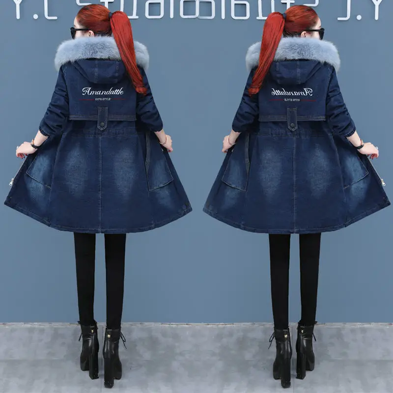 New Women\'s Denim Jacket Fur Parka Female 2023 Winter Jean Coat Women Jackets Black Denim Coats Woman Lambswool Outerwear H196