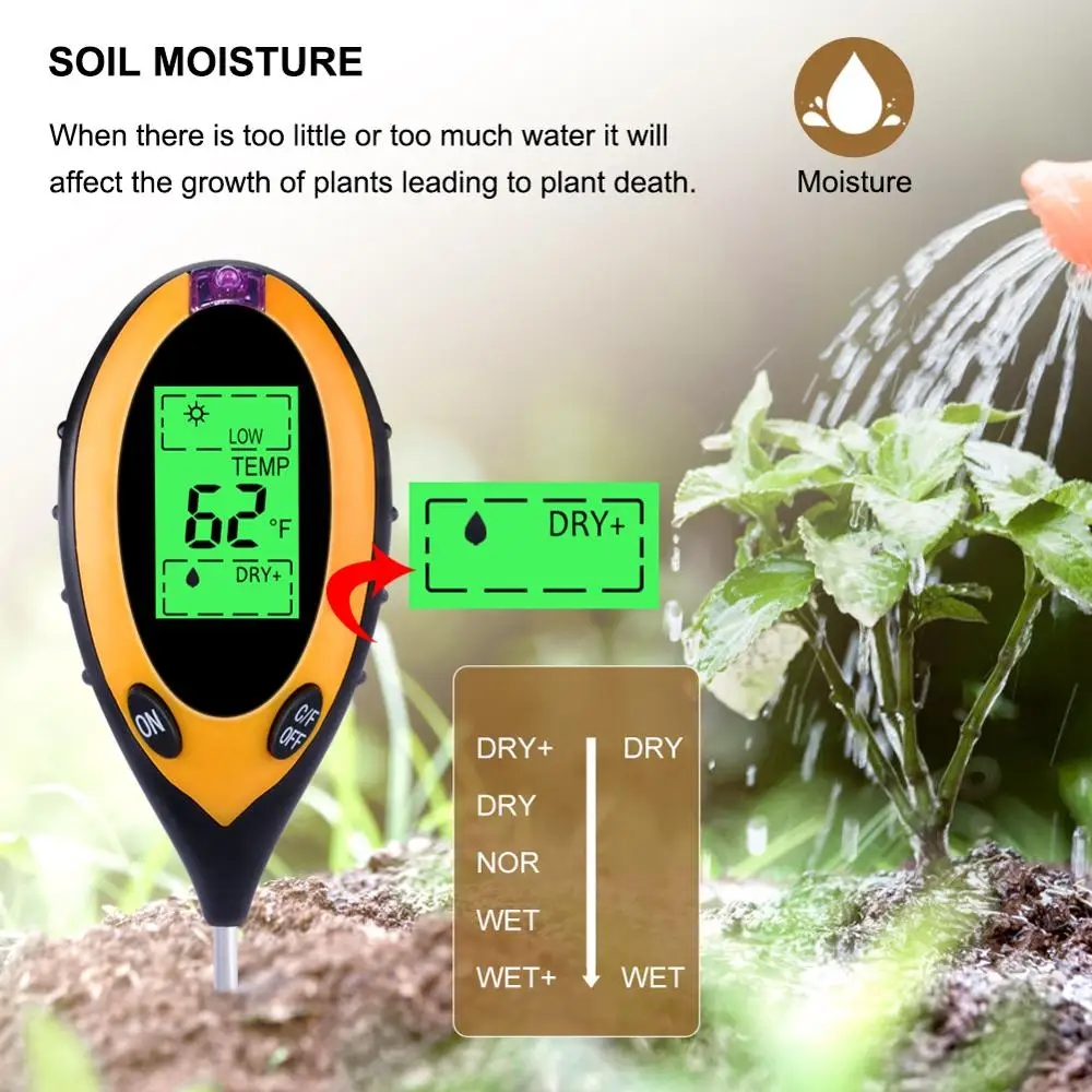 Humidimètre PH du sol de la terre des plantes 4 en 1, testeur de lumière du soleil Therye.com, température, jardinage, peaux sèches