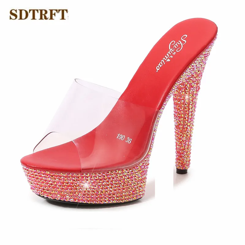 SDTRFT lato 20cm szpilki przezroczyste klapki z PVC 13cm buty kobieta 15cm na cienkim obcasie z wystającym palcem sexy 17cm sandały diament pompy