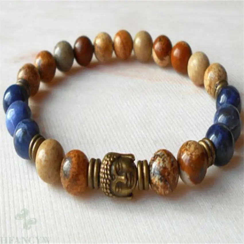 8mm Lapis Gemstone Picture stone Mala Bracelets Bless Spirituality Meditation Bead Stretchy Reiki Wrist Unisex Tibet silver Men