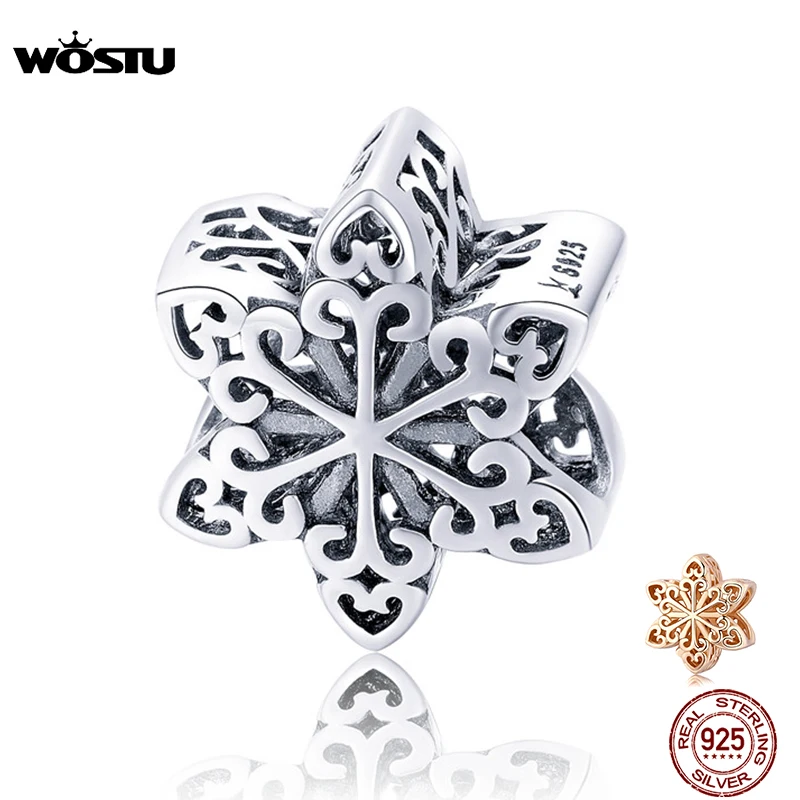 WOSTU Winter Style Real 925 Sterling Silver Snowflake Charm fit Original DIY Bead Bracelet Jewelry Fashion Gift CQC719