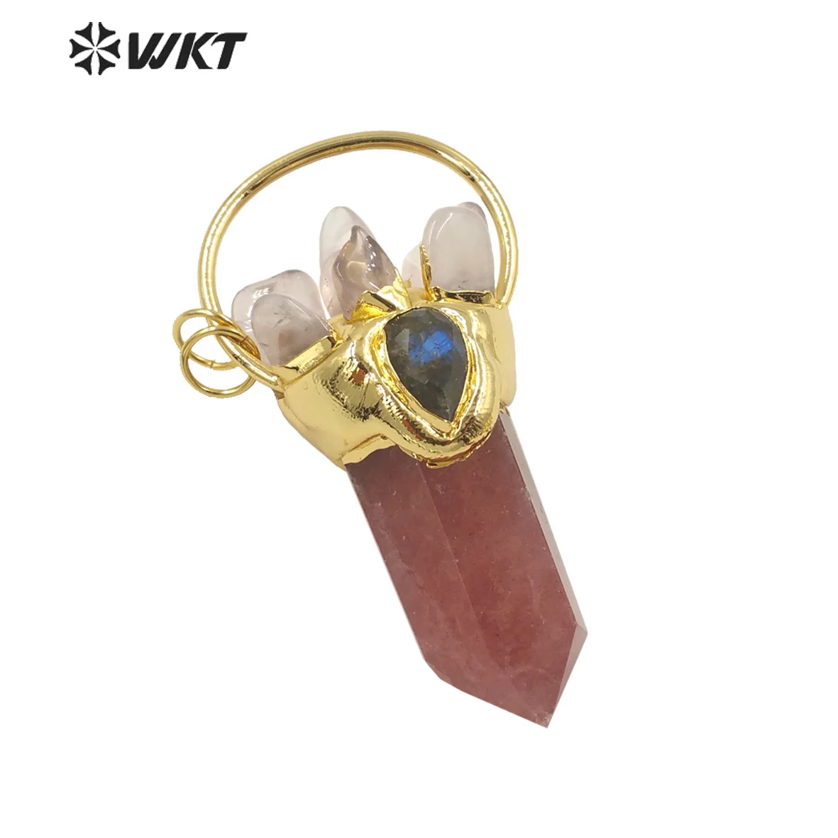 WT-P1678 Amazing Personality natural stone pink agates hexagonal shape pointed column pendant golden metal ring mix unique