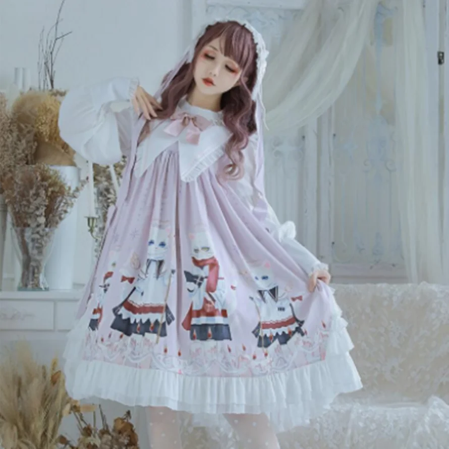 Kawaii Meisje Gothic Lolita Op Loli Zoete Prinses Lolita Jurk Vintage Kant Strik O-hals Vest Leuke Printing Victoriaanse Jurk