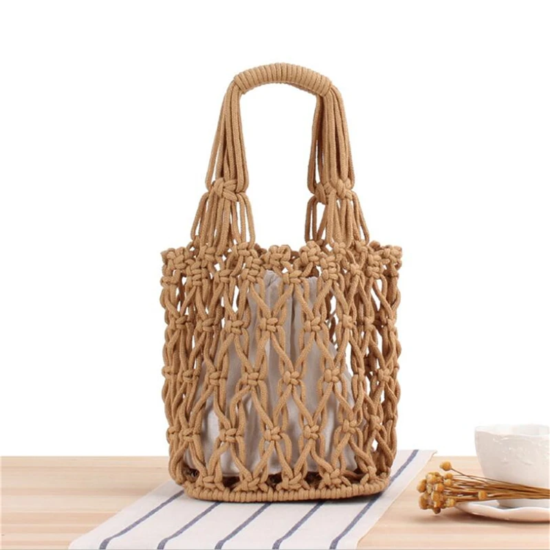 

New Retro Hollow Summer Vacation Tote Handbag Thick Cotton Rope Portable Bucket Bag Casual Womens Beach Bag IL00604