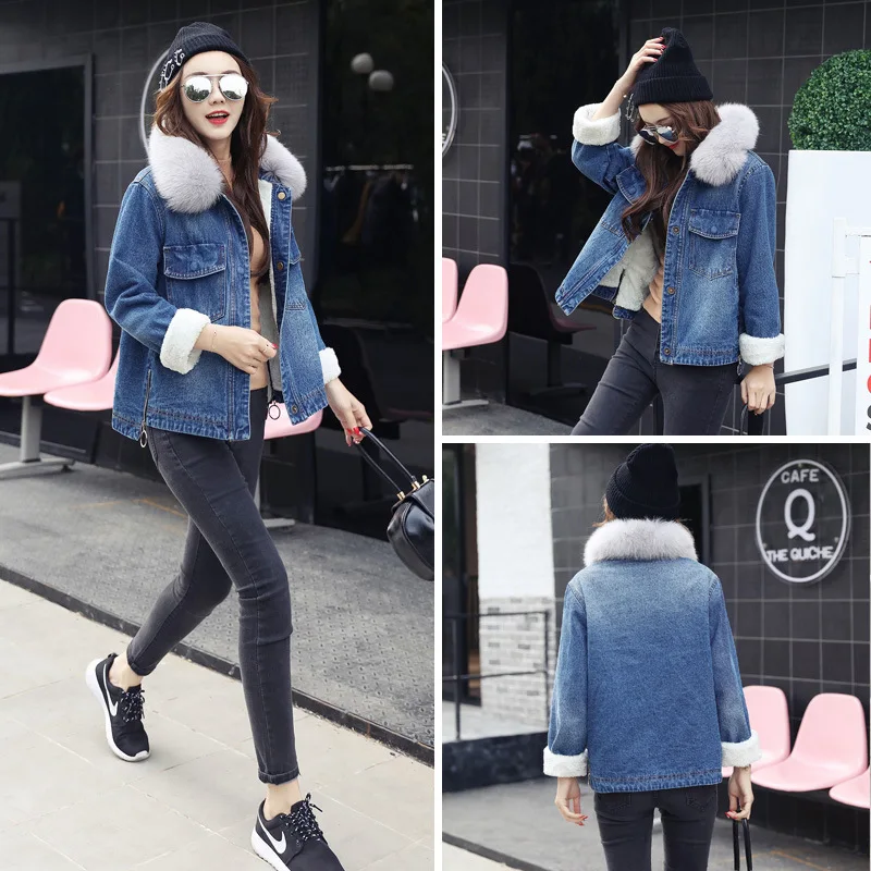 

2020 Winter Denim Jacket for Women Fur Collar Oversize Parka Short Cotton Coat Woman Faux Cashmere Thick Jackets KJ770