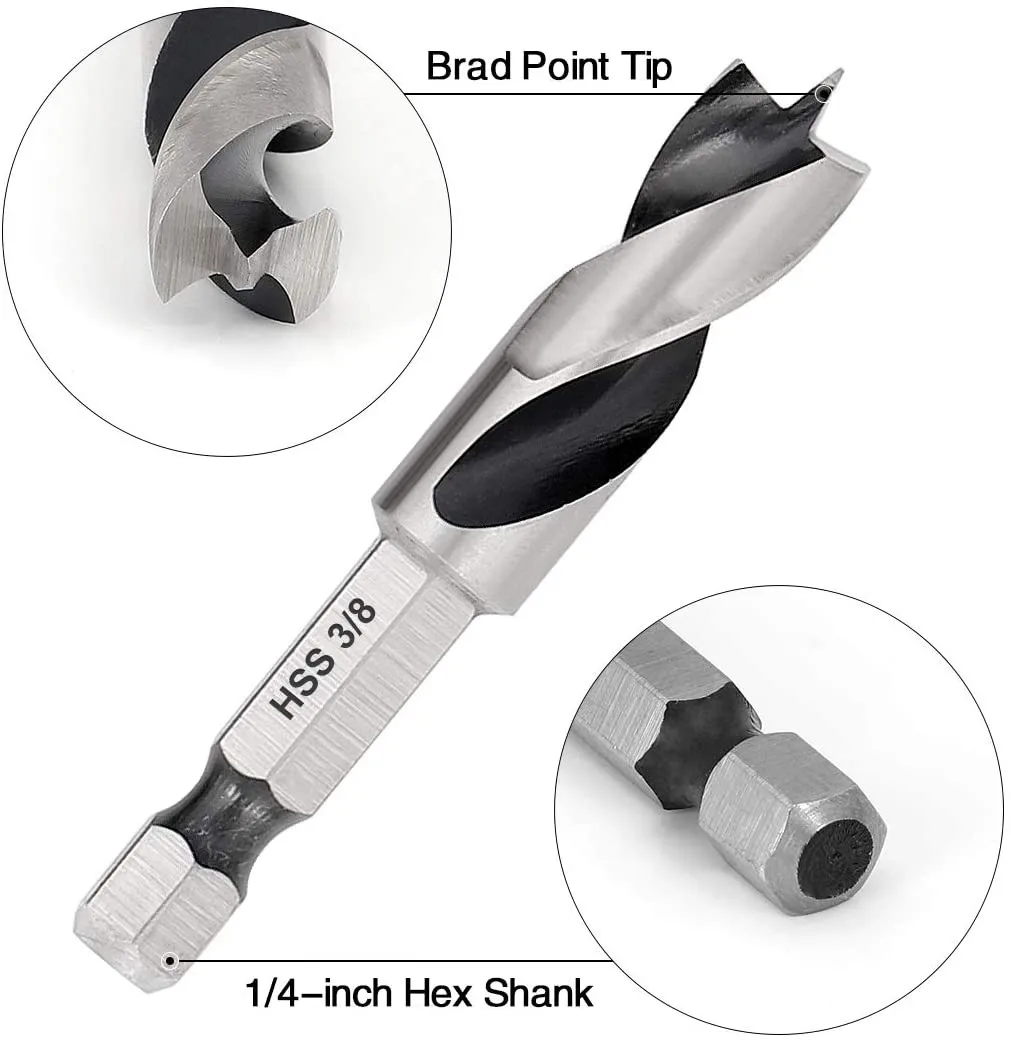 6pcs Brad Point Stubby Drill Bit Set For Wood With 1/4 Inch Quick Change Hex Shank Woodworking Tool