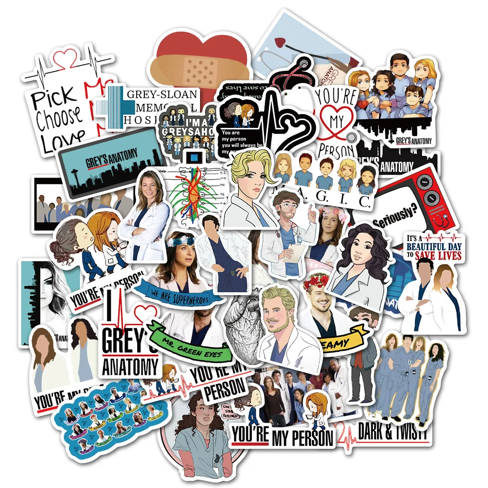 50pcs TV Show Greys Anatomy Funny PVC Scrapbooking for Luggage Laptop Phone Decals DIY Album Cute Doctors Stickers