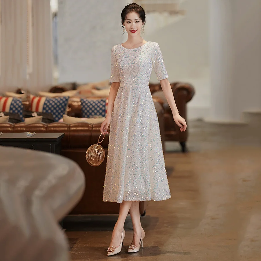 

White Sparkling Sequin Evening Dress O-Neck Half Sleeve Women Party Gowns A-Line Elegant Dresses Robe De Soiree