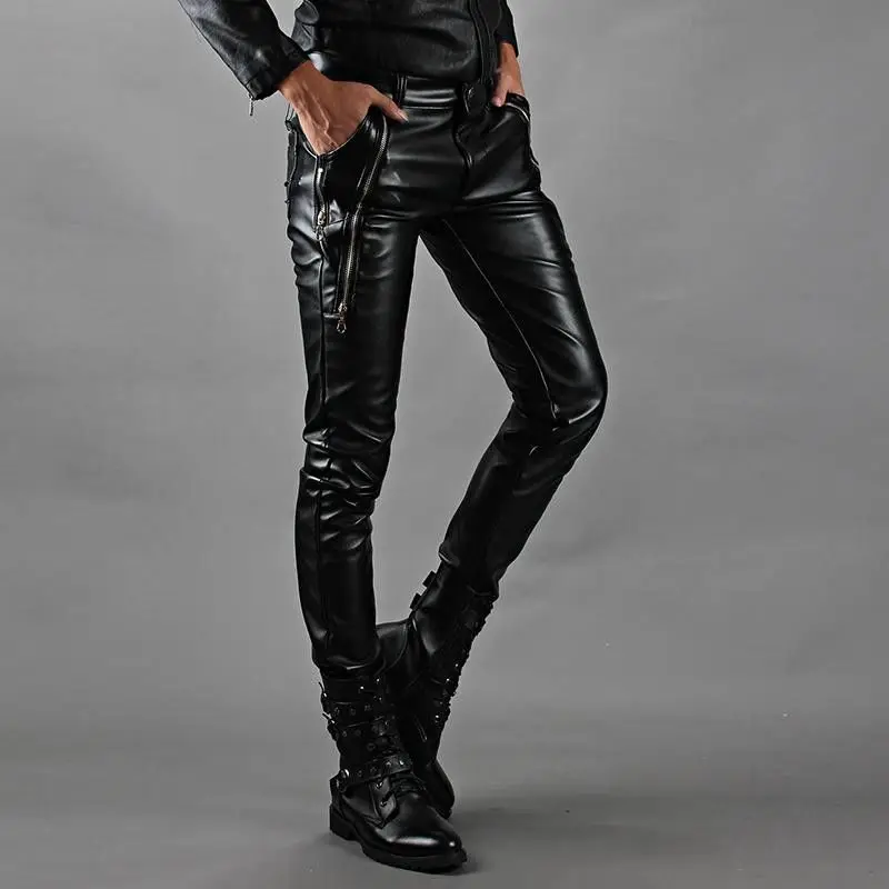 Idopy Fashion Men`s Studded Faux Leather Pants Stage Performance Punk Motorcycle Biker Slim Fit PU Party Trousers For Male