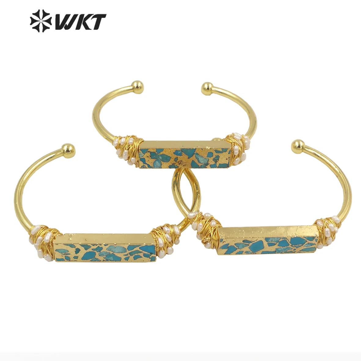 WT-B581 Wholesale Gorgeous Copper Natural Turquoises Stone Bangle Gold Plated Resist Tarnishable Wire Wrapped Adjustable Size