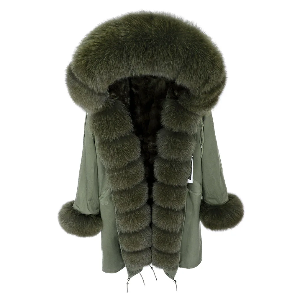 

Real fox skin, feminine overcoming, rabbit fur lining for winter jacket, long over-knee warm jacket