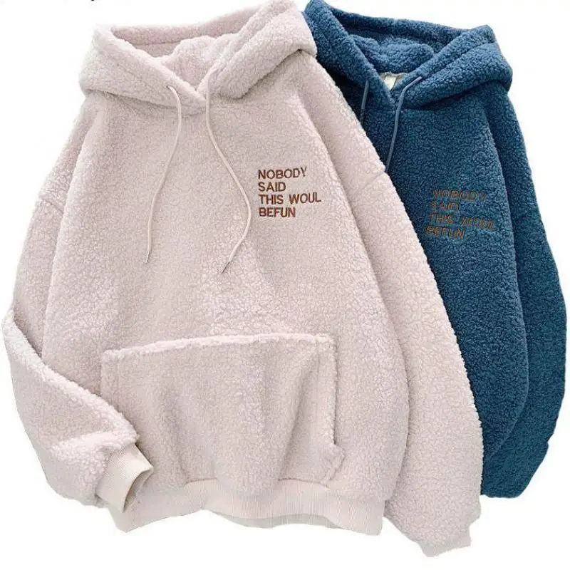 Autumn And Winter Fashion Warm Hooded Embroidery Letters Harajuku Print Loose Pocket Hoodies Women\'s Flannel Pullover Sweatshirt