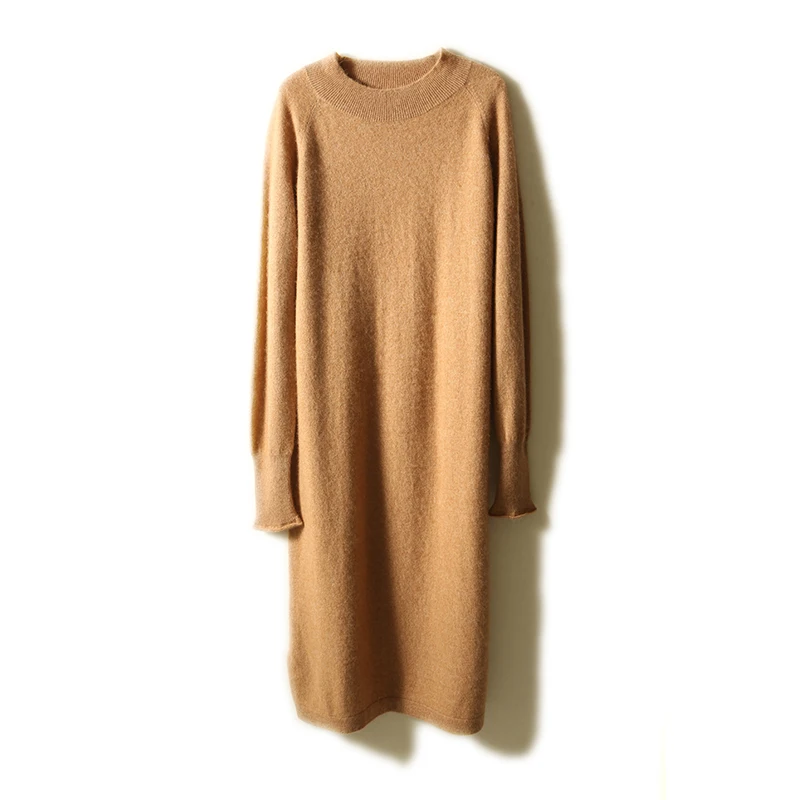 Fashion Women Sweater Dress O-neck 100% Wool Casual Solid Color Knitted Pullover Autumn Winter Female Loose Long-Style Dress