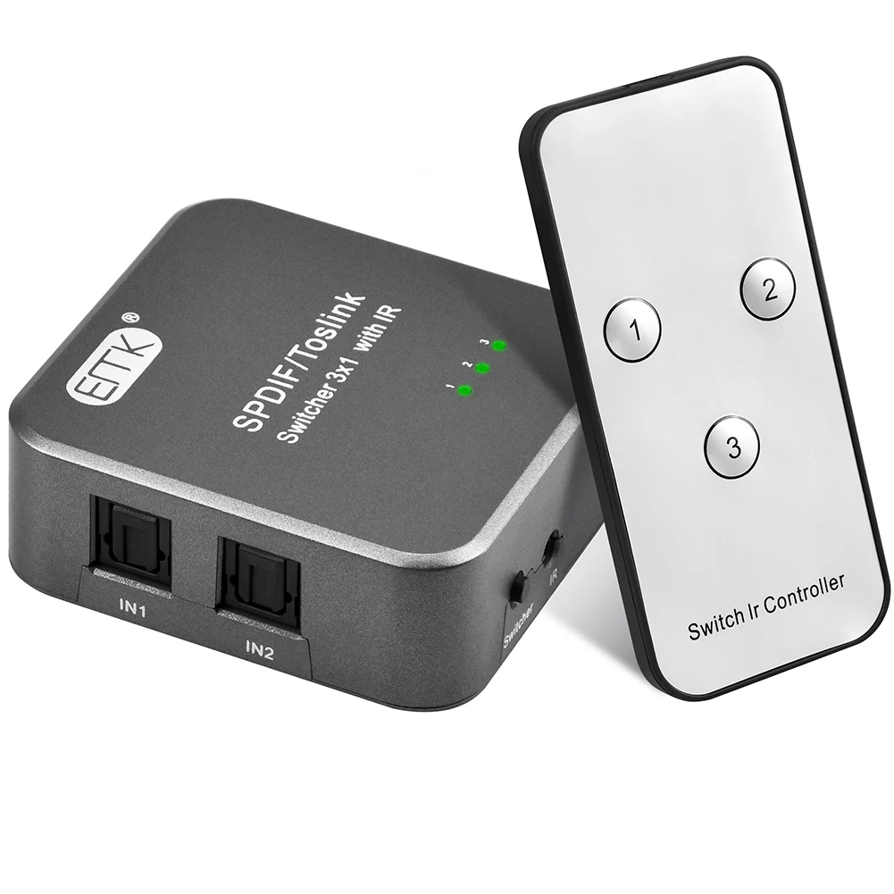 Emk-interruptor de áudio óptico spdif, 3x1, com controle remoto ir, digital, 3 saídas para dvd e ps4(3 entradas para 1 saída)